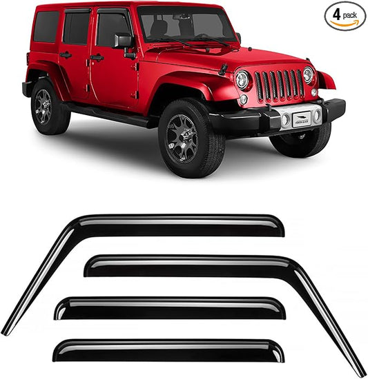 Voron Glass Tape-on Extra Durable Rain Guards for Jeep Wrangler 2007-2018, Window Deflectors, Vent Window Visors, 4 Pieces - 120040