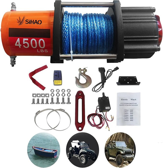 Electric Winch, Truck Winch, Waterproof Electric Winch Kit with Wireless Remote & Hawse Fairlead for Truck Jeep SUV Boat car (4500 lb)