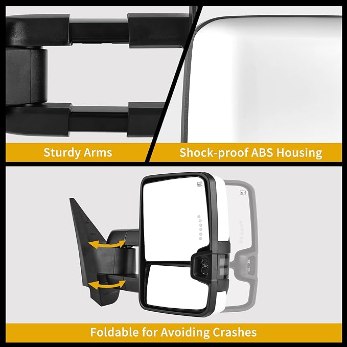 DWVO Towing Mirrors Compatible with 07-13 Silverado Sierra 1500 2500 HD 3500 HD Avalanche Suburban Tahoe Yukon, Turn Signal Light Running Lights Power Heated Manually Folding Switchback White