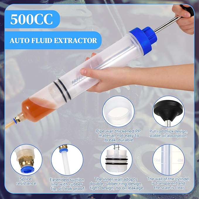 Gisafai 500cc Fluid Extractor Automotive Pump Manual Oil Extractor Pump Syringe for Gasoline Hand Cleaner for Power Steering, Hydraulic Fluid(Blue)