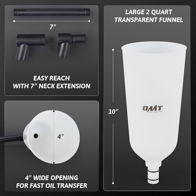 Orion Motor Tech 2 qt Engine Oil Funnel Set with Flexible Extension & 8 Adapters, Spill Free Large Funnel for Automotive Use- Compatible with Toyota Jeep Mazda Ford Dodge and More