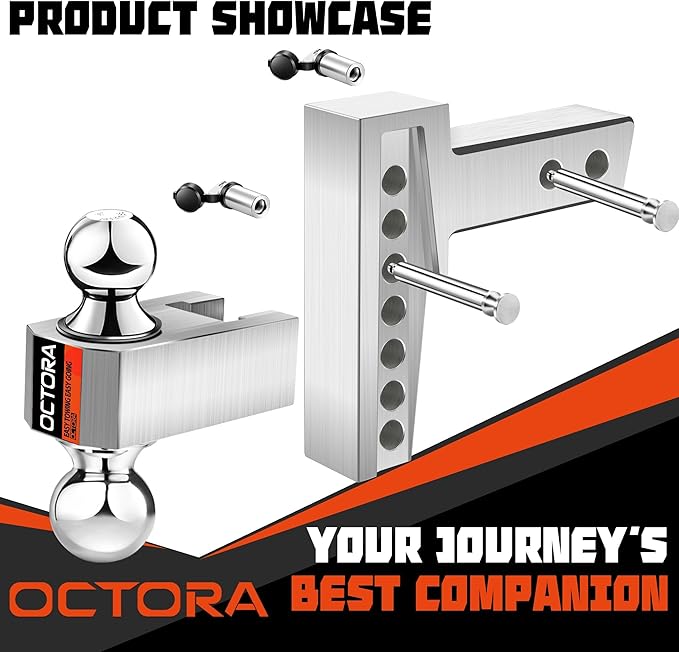 Adjustable Trailer Hitch (Fits 2-Inch Receiver) - Aluminum Tow Hitch with 6-Inch Drop/Rise for Truck (12,500 LBS GTW) - Double Anti-Theft Locking Hitch Pins (Silver, 2inch-6Drop)