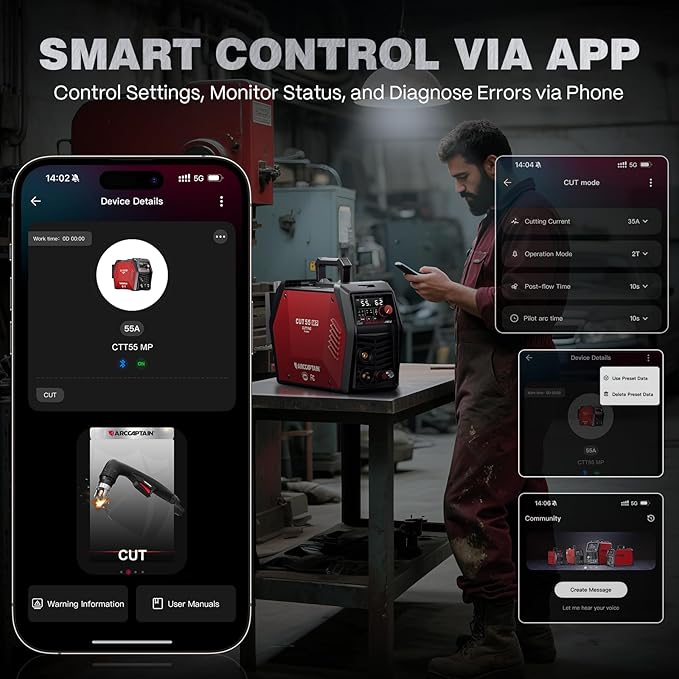 ARCCAPTAIN iControl [Non-HF] Plasma Cutter CUT55 MP with APP Control, 55Amp Blowback Pilot Arc, 120V/240V, Upgraded LED Display, Expanded Metal, Rust Removal, Plasma Gouging, Pressure Detection