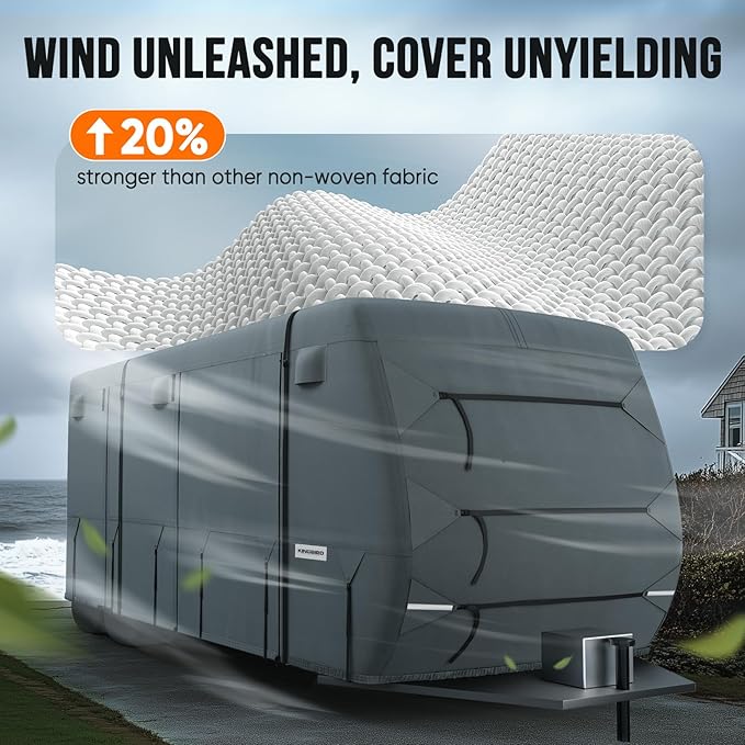 KING BIRD RV Cover, Heavy Duty 5-Layer Snow Protection, Fits 30-33ft Travel Trailers Campers, with Adhesive Repair Patches,Windproof Straps&Tire Covers