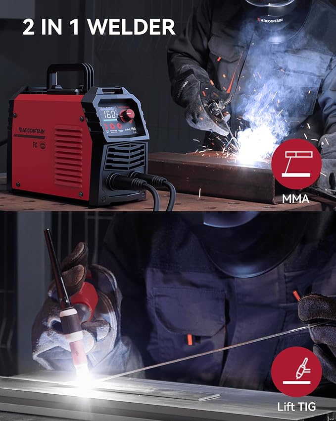 ARCCAPTAIN Upgraded 110V/220V Stick Welder, [Large LED Display] 160A ARC/Lift TIG Welding Machine with Synergic Control, IGBT Inverter Portable MMA Welder Machine with Hot Start/Arc Force