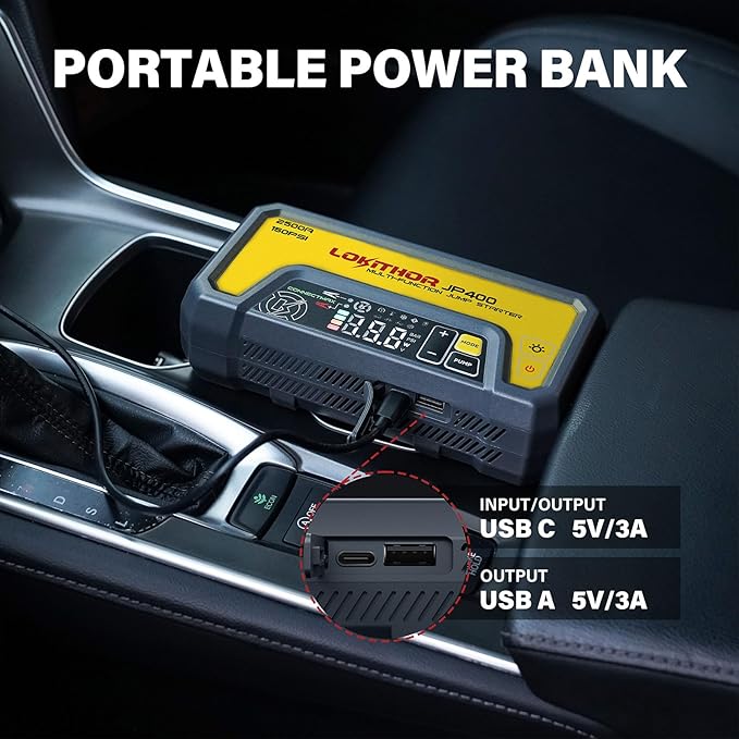 LOKITHOR JP400 Jump Starter with Air Compressor, 2500A 12V Portable Car Battery Booster Pack (8.5L Gas/6.5L Diesel) with ConnectMax Tech, 150PSI Tire Inflator, Auto-Shutoff & Dynamic Dwell (Yellow)