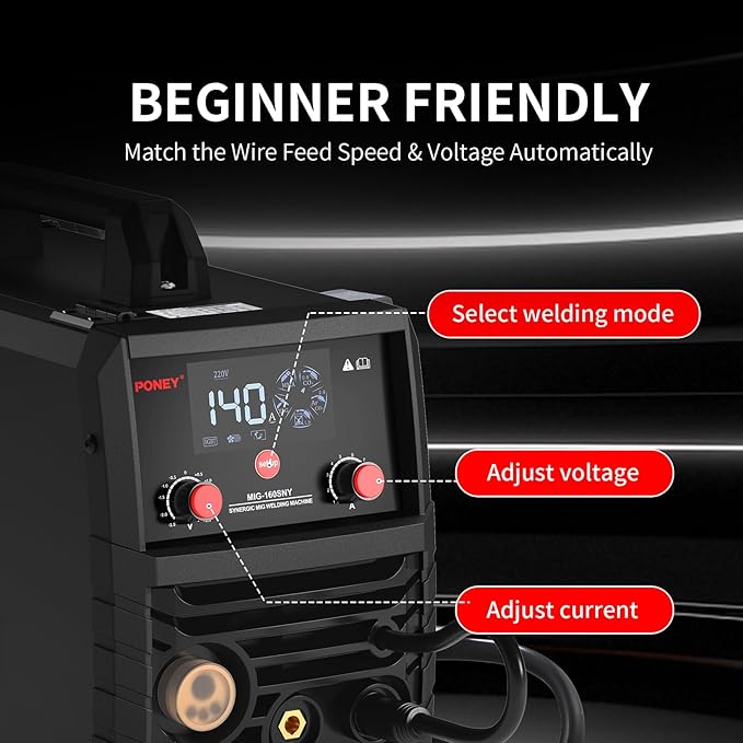 PONEY 140A MIG Welding Machine 110V/220V - 5 in 1 MIG/MAG/FLUX/TIG LIFT/MMA Welder Machine with Synergic Control IGBT Inverter and Digital Screen Display