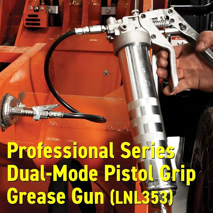 LockNLube Professional Dual-Mode Pistol Grip Grease Gun. Includes LockNLube® Grease Coupler, high-quality 20" hose and in-line hose swivel.