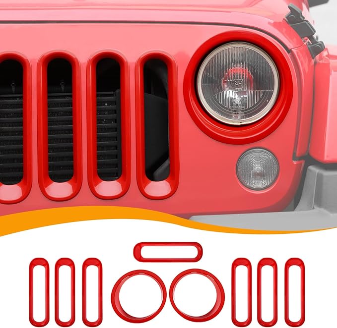 Hoolcar Front Grille Insert Cover & Headlight Bezel Cover Trim Fit for Jeep Wrangler JK JKU 2007-2017, Exterior Accessories, Red