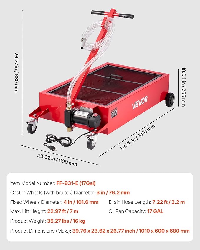 VEVOR Low Profile Oil Drain Pan, 17 Gallon Capacity, Rolling Oil Drain Pan with Electric Pump, 7.2 ft Hose & T Folding Handle, Leak-Proof & Corrosion-Resistant, Fit for Cars, SUVs, Trucks, ATVs, Red