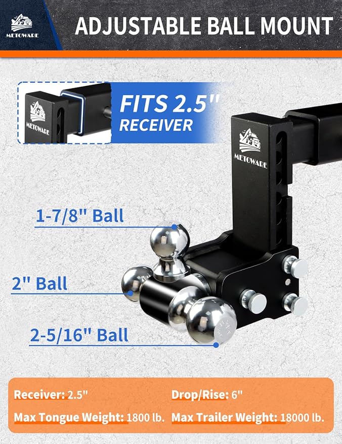 METOWARE Trailer Hitches, Adjustable Trailer Hitch Ball Mount-Fits 2.5" Receiver-Heavy Duty Drop Hitch, Tri-Ball (1-7/8" x 2" x 2-5/16") 6" Drop/Rise, 18,000 GTW and Anti-Theft Stainless Steel Lock