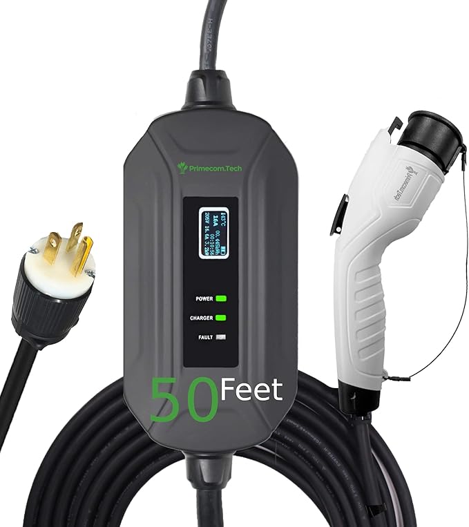 PRIMECOM Level 2 Electric Vehicle (EV) Charger (220V / 240Volt, 16Amp) Portable EVSE Smart Electric Car Charger, 30', 40', and 50 Feet Lengths (NEMA 6-20P, 50 Feet)