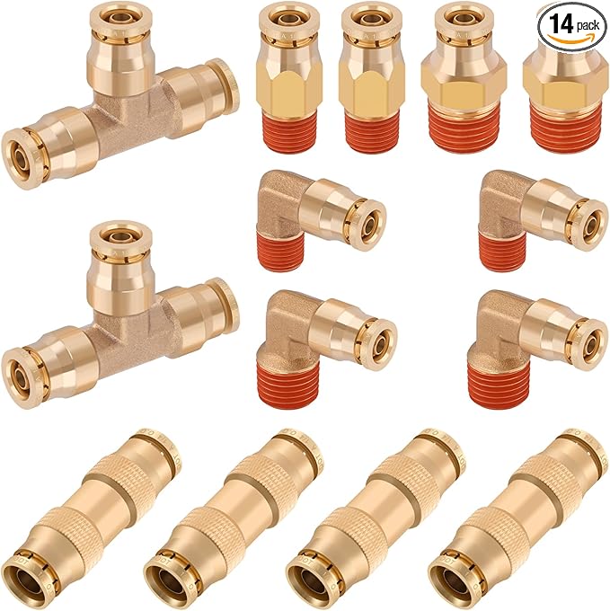 14 Pcs 1/4" Brass DOT Air Line Fittings Kit 1/8" 1/4" DOT Push Lock Air Fittings NPT Thread & Quick Connect Air Hose Fittings Kit