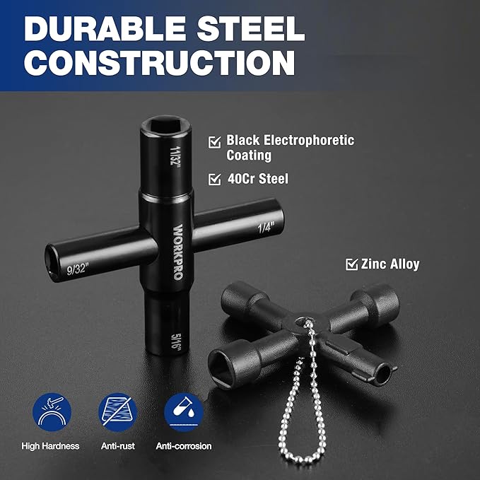 WORKPRO 2PC 4 Way Water Key Wrench, 40Cr Universal Utility Sillcock Key and Multifunctional Heavy-Duty Water Valve Key Tool for Faucet, Spigot, Electric Meter & Cabinet, 1/4", 9/32", 5/16", 11/32"