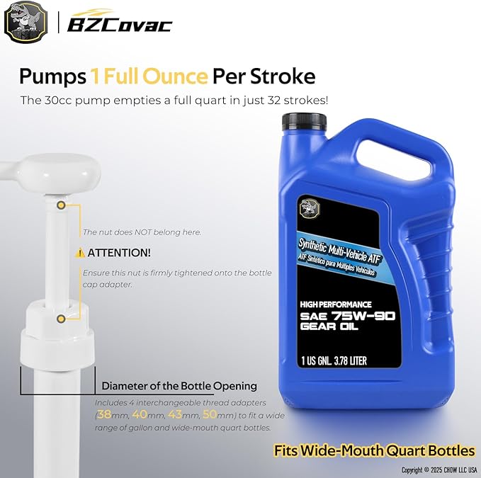 30cc Hand Oil Transfer Pump Fluid Pump for Gallon Bottles and Wide-Mouth Quart Bottles - Transfers Gear Oil, Transmission Fluid, Differential Fluid, and Antifreeze