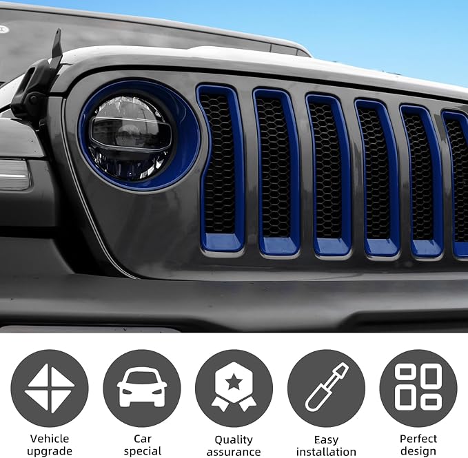 Grille Grill Insert+Headlight Turn Light Cover Compatible with 2018-2023 Jeep Wrangler JL JLU Sport/Sport S Only, Not for Sahara,Rubicon 4xe(Blue)