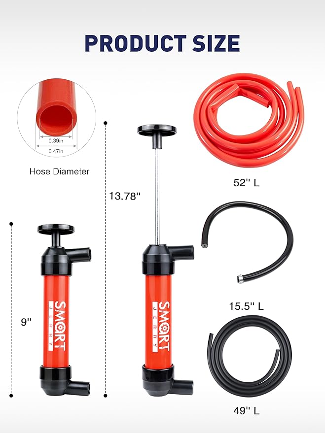 SMART JERRY - Fluid Transfer Pump Automotive, Oil Transfer Pump, Hand Pump Siphon, Multi-Use Hand Fuel Pump for Gas Oil and Liquids, RV Antifreeze Pump Kit, Siphon Pump for Fish Tank, Lawn Mower Pump
