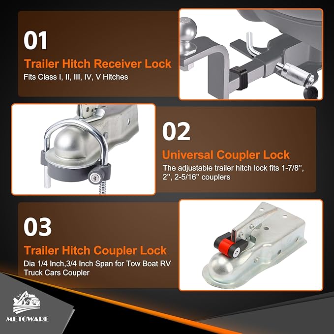 METOWARE Keyed Alike Trailer Hitch Lock Set, Fits 1-7/8", 2'' 2-5/16" Coupler, with 1/2'' and 5/8" Dia Dual Bent Pin Hitch Lock, 1/4'' Dia Span Coupler Lock