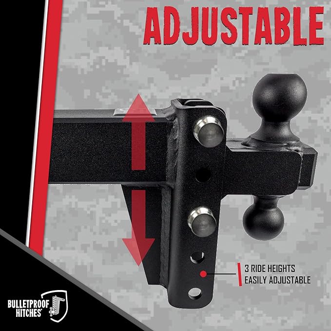 BulletProof Hitches - 3.0" Adjustable Heavy Duty Trailer Hitch (22,000 lb. Rating) - 4" Drop/Rise Trailer Hitch with 2" & 2-5/16" Dual Ball - Powder Coat, Solid Steel, Corrosion-Resistant