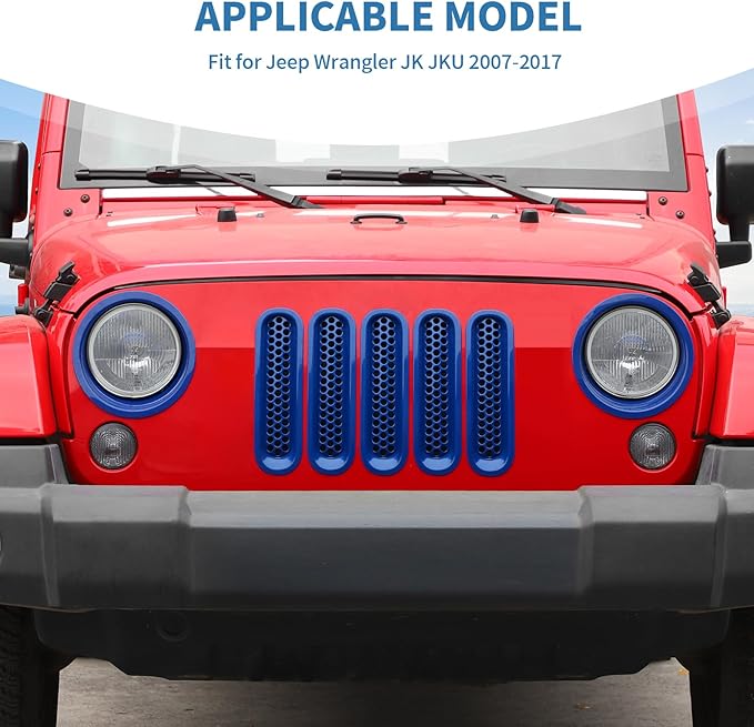 for Jeep JK Front Grille Inserts & Headlight Cover Trim Ring for Jeep Wrangler JK JKU 2007-2017 Blue Exterior Accessories 9pcs