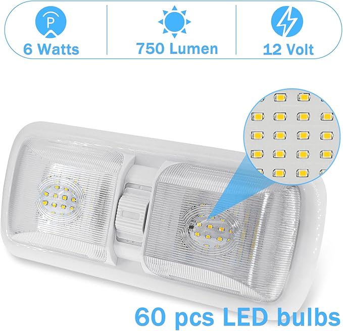 Miady 12V RV Led Interior Lights 750 Lumens, 12 Volt LED Ceiling Double Dome Light with Switch for Car/Trailer/Camper/Boat, Natural White 4000-4500K, 60X2835SMD, Pack of 2