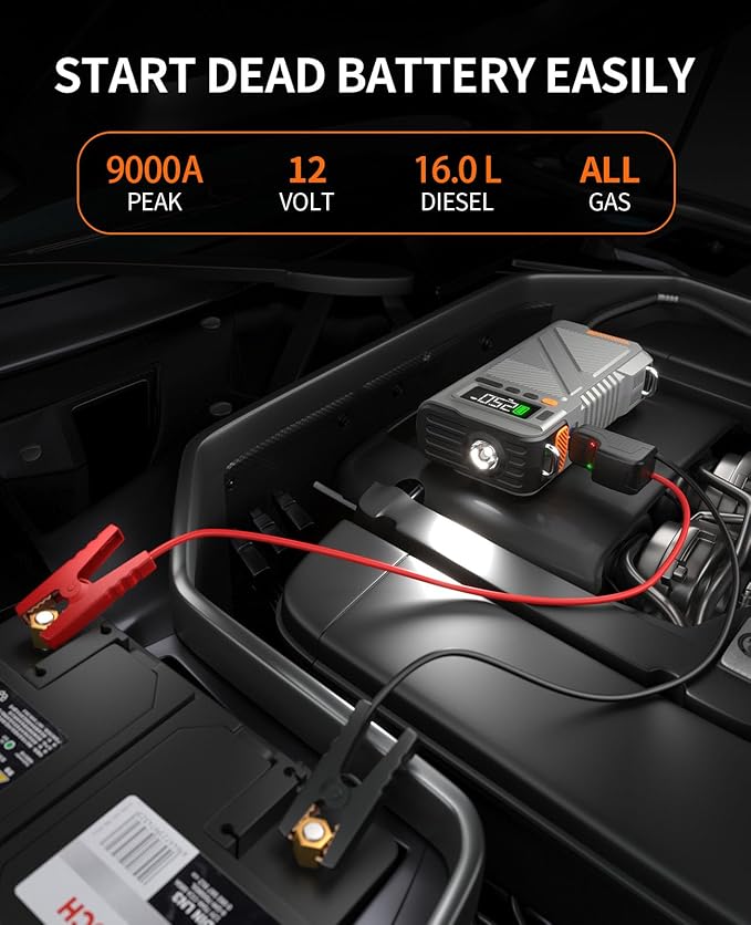 Car Jump Starter with Air Compressor 9000A, 9 in 1 Jumper Box for Car Portable 12V Jump Pack(All Gas/16L Diesel) Combo 150 PSI Tire Inflator & Air Inflator/Deflator Pump w/Extended Jump Cable