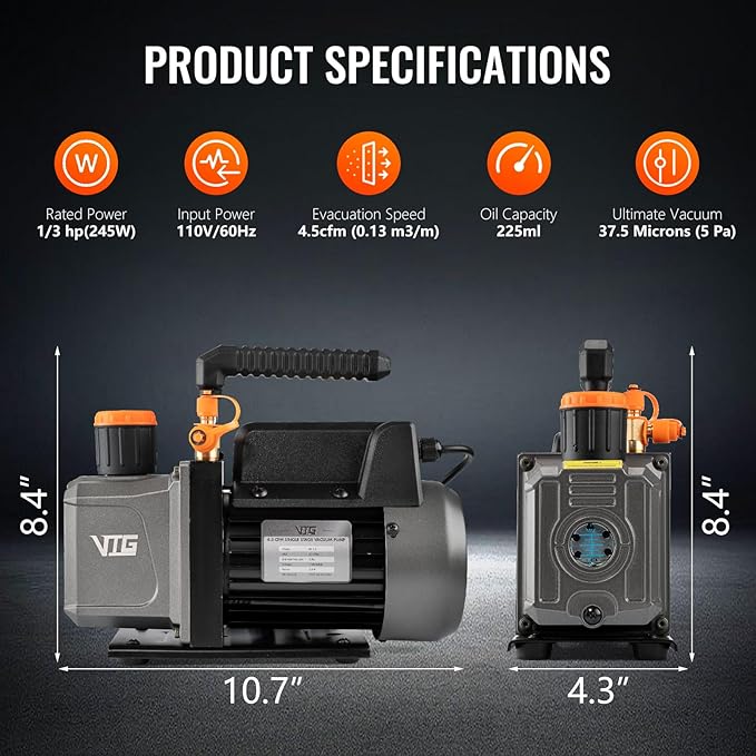 4.5 CFM AC Vacuum Pump and Gauge Set,for Mini Split/HVAC/Auto Systems,Manifold Gauge Kit Fits R134a R12 R22 R502,with Leak Detector,Upgraded Trifold Storage Case,3 Hoses,R134a Can Tap