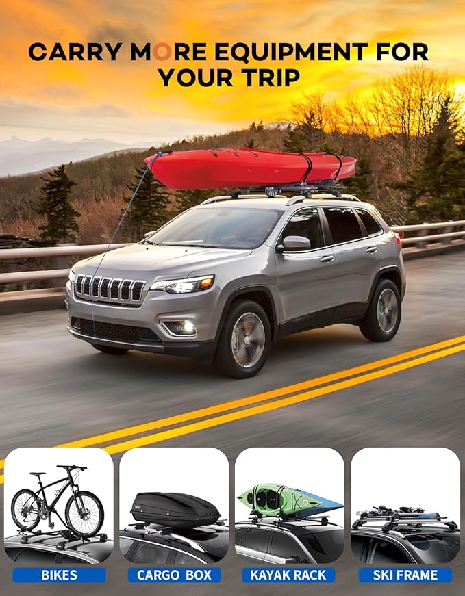 300lbs Lockable Roof Rack Cross Bars Compatible with Jeep Cherokee 2014-2023, Heavy Duty Aluminum Roof Rails Crossbars Cargo Canoe Black Rooftop Cargo.