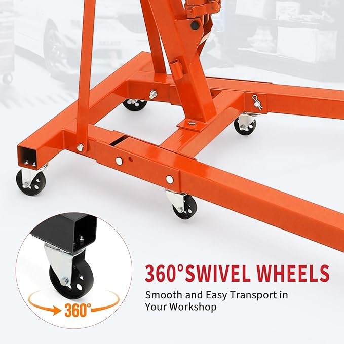 2-Ton Folding Engine Hoist Cherry Picker 4400 Lb Capacity Hydraulic Shop Crane with Telescoping Boom 6 Caster Wheels for Automotive Repair Garage Use Includes Hitch and Storage Stand Orange