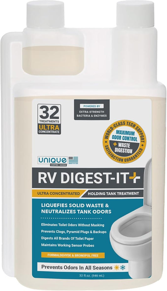 Unique RV Digest-It Ultra RV Toilet Treatment, 32 Uses, Super Concentrated, Eliminates Smells, Liquifies Waste, Easy-Measure Preventive Bio-Enzymatic Holding Tank Treatment, Package May Vary (32 oz)