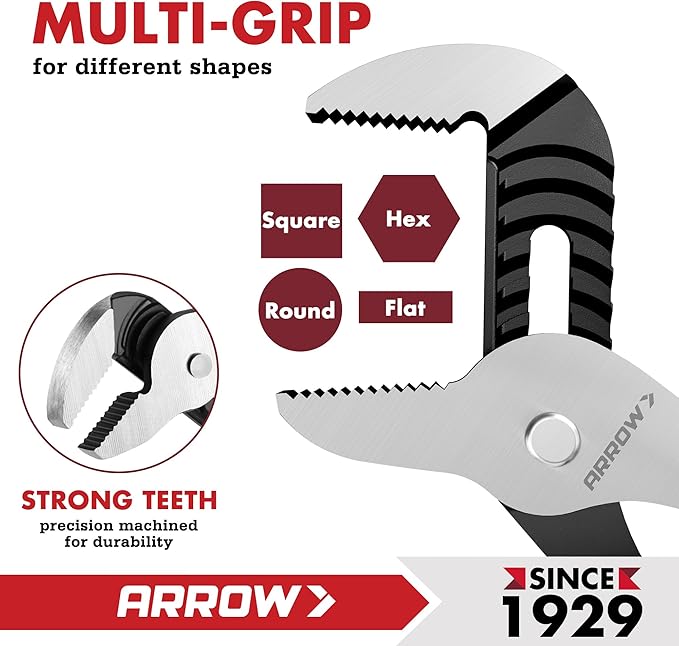ARROW 10-Inch Groove Joint Pliers, Adjustable Water Pump Pliers with TPR Handle, High Carbon Steel Tongue and Groove Plier for Plumbing, Automotive and Household Repairs