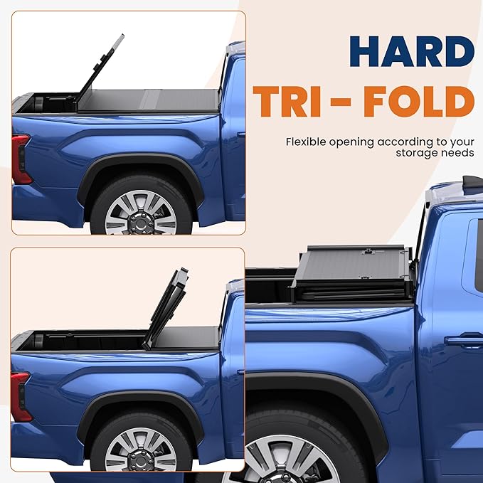 Fiberglass Tri Hard Tonneau Cover Compatible for 2000-2006 Toyota Tundra Fleetside Truck Bed Cover - 6.5 FT Bed On Top