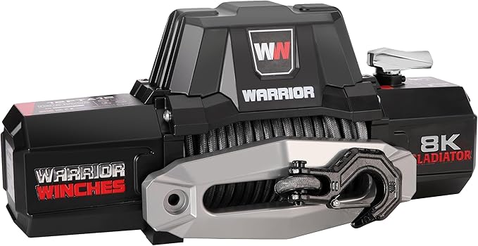 Warrior Winches Gladiator 8000lbs 12v Electric Winch with Wired/Wireless Remote with Synthetic Rope, for Truck, Boat Trailer, Jeeps, SUVs, 4x4, Trailer Winch, with Hawse Fairlead, IP68 Waterproof