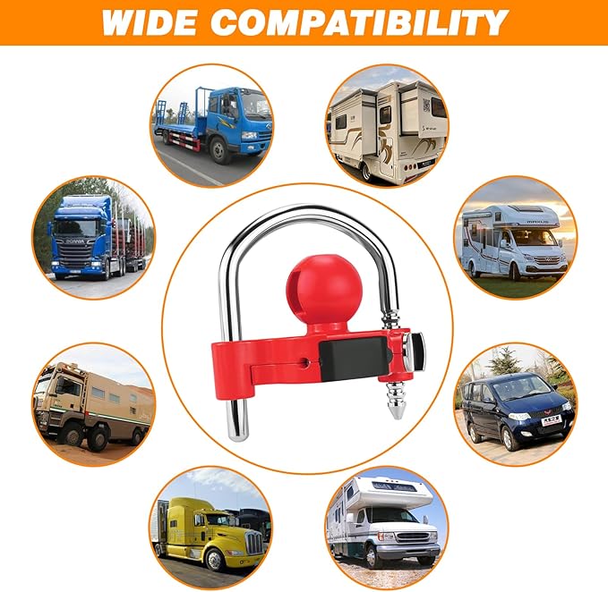 Funmit Trailer Lock Universal Hitch Lock with Combination Lock, fit 1-7/8", 2", 2-5/16" Coupler, Camper Accessories for Travel Trailers Boats Trucks Rvs Red