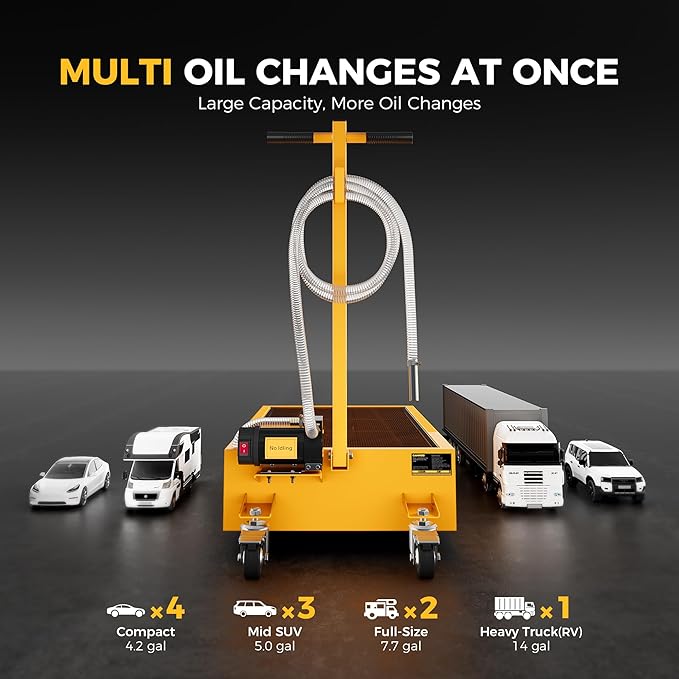 20 Gal Electric Oil Drain Pan, 110V High-Flow Pump, 9.8 FT Hose, 200 W Motor, 2 Locking Swivel Casters and 2 Directional Wheels Stable, Folding Handle, Heavy-Duty for Trucks, RVs, SUVs, Yellow