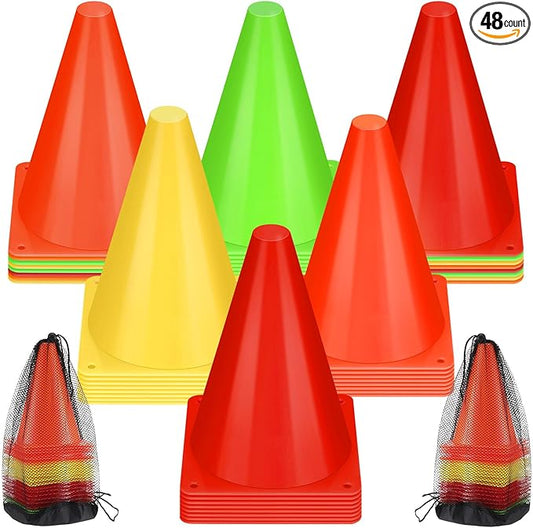 Leelosp 48 Pack 7" or 9" Plastic Traffic Cones Agility Field Marker Soccer/Safety/Sports/Training Cones for Skating Basketball Football Practice Drills Themed Party Decorations