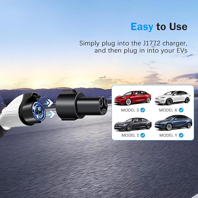 J1772 to Tesla Charger Adapter, Up to 80A 280V - J1772 to NACS Adapter for Tesla Model 3/Y/X/S with Safety Certified Charger Plated Efficient Charging Design