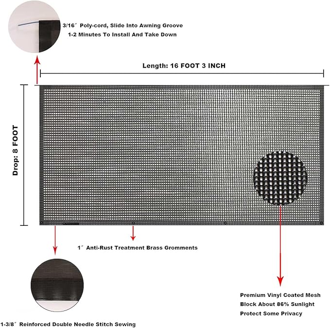 Tentproinc RV Awning Sun Screen Shade 8' X 16' 3'' (Fit for 17' Awning) Mesh Sunshade for RV Awning Sunscreen Motorhome Camping Trailer Awning Shadescreen UV SunBlocker - 3 Year Warranty (Black)