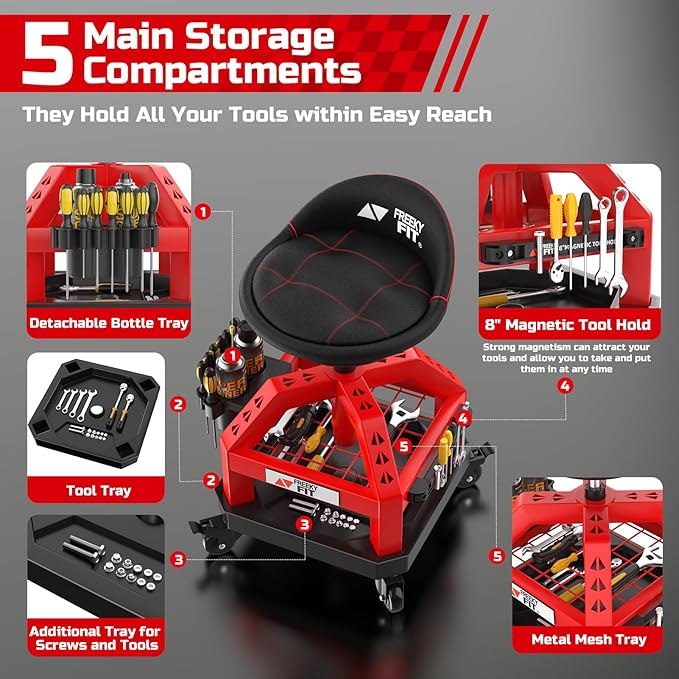 Rolling Shop Stool for Garage with Casters, DO02-Adjustable Height 360° Swivel Shop Seat with Tool Tray Storage, 330 LBS Capacity Padded Mechanic Stool, Magnetic Tool Hold, Heavy Duty, Red