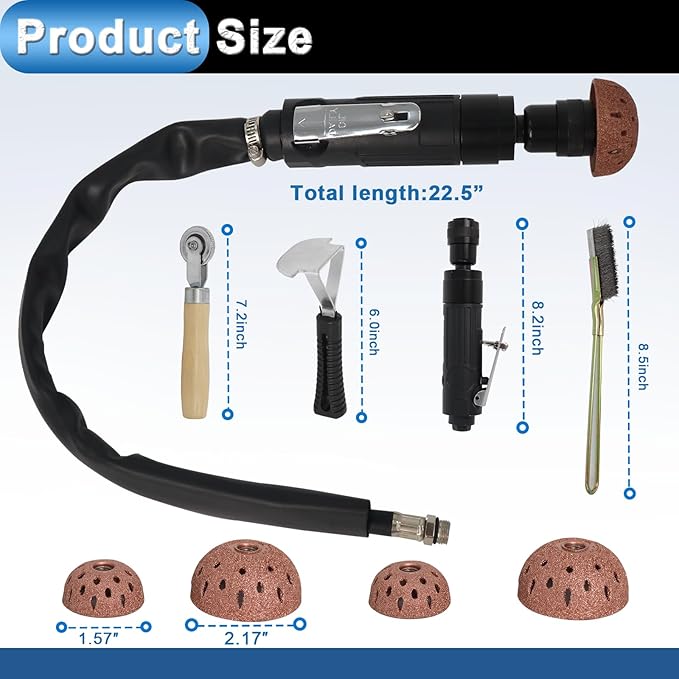 Air Tire Repair Polish Patch Kit Heavy Duty - Includes 2500RPM Air Tire Buffer, Tire Inner Liner Scraper, 4 Tungsten Steel Buffing Wheel, Patch Roller, & Wire Brush - Professional Tire Patch Tools