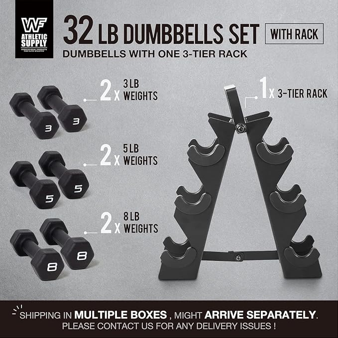 WF Athletic Supply Black Neoprene Dumbbell Set, Non-Slip & Hex Shape, Great for Muscle Toning, Strength Building & Weight Loss; Sizes, Dumbbells Only & w/Rack Options Available