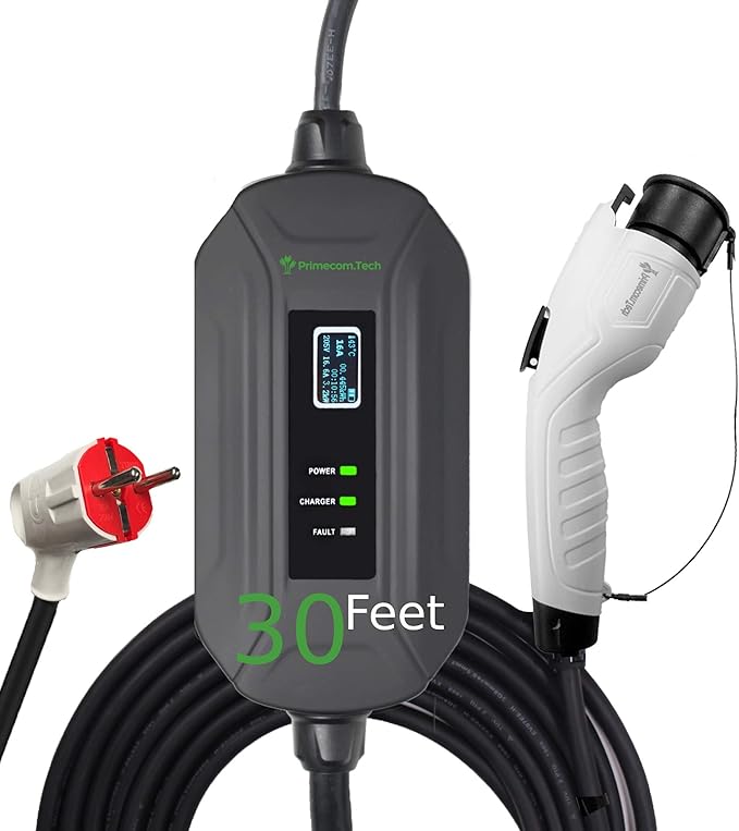 PRIMECOM Level 2 Electric Vehicle (EV) Charger (220V / 240Volt, 16Amp) Portable EVSE Smart Electric Car Charger, 30', 40', and 50 Feet Lengths (European, 30 Feet)