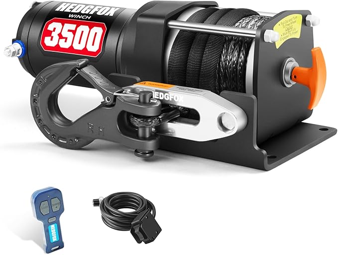 3500lb Electric Power Winch Kit Synthetic Rope Waterproof IP65 with Wireless Remote Control and Mini Rocker Switch for ATV UTV Towing, Off-Road Recovery Applications