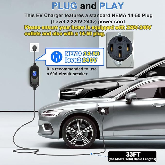 SubSun Universal Portable Level 2 EV Charger 50Amp 240V Electric Car Charger for All North American EVs Includes J1772, 33FT EV Charging Cable