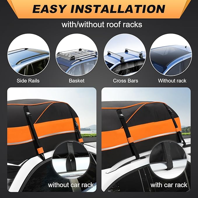 Sailnovo Car Rooftop Cargo Carrier Roof Bag, 15 Cubic Feet Waterproof Rooftop Cargo Carrier Bag, Fit Car with Without Luggage Rack - Cartop Carrier Bag with Tie-Down Strap, Safety Hook