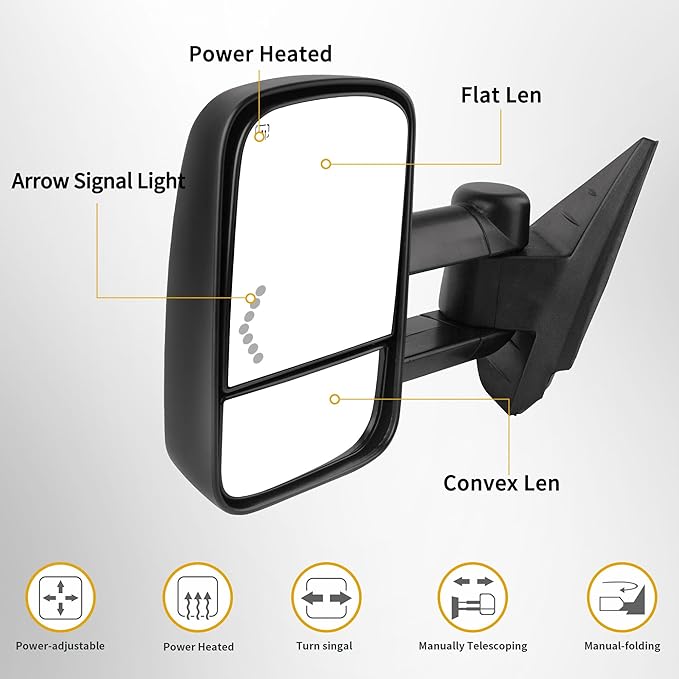 DWVO Towing Mirrors Compatible with Chevrolet GMC Cadillac Silverado Sierra 2007 2008 2009 2010 2011 2012 2013 Power Heated Telescoping with LED Arrow Signal Light
