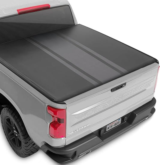 Truck Tonneau Cover for Chevy Silverado 1500 / GMC Sierra 1500 (2007-2018) with 5.8 ft Bed Length, All-Weather Retractable Soft Roll-Up Truck Bed Cover with Gray Stripes