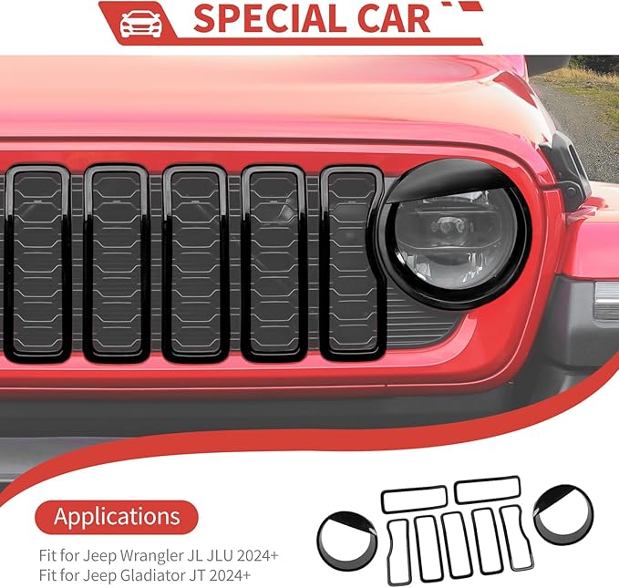 Front Grill Inserts Front Headlight Cover Kit fit for Jeep Wrangler JL JLU Gladiator JT 2024+ Exterior Accessories,Black