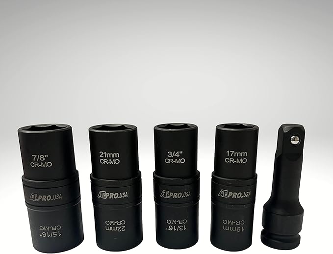 ATE Pro USA. - 5PC 1/2" DR. CR-MO" Thin Wall Flip Impact Socket Set, 8 Standard SAE and Metric Deep Sizes, Includes 3-Inch Extension Bar,