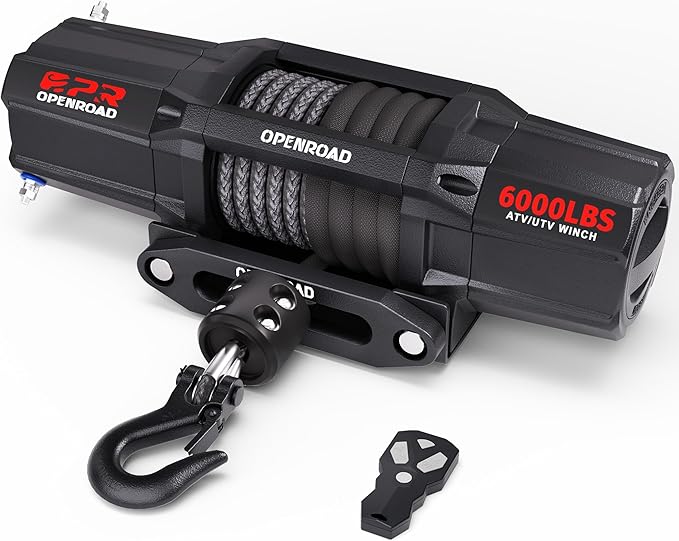 OPENROAD 6000 lbs UTV Winch, Waterproof IP67 Electric Trailer 6k Winch with 1/4"×50ft Synthetic Rope,Wireless Remote and Winch Stopper (6000lb with Mounting Plate)